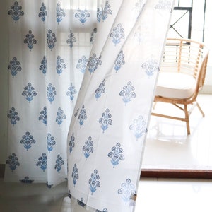 Block print sheer blue floral curtains- Living room curtains - Indian curtains - Bohemian curtains - Sheer curtains- Block print curtain