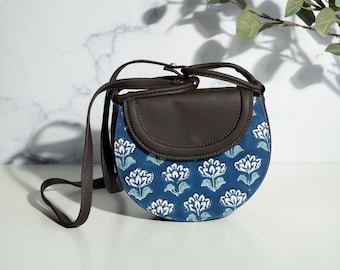 Vegan leather crossbody bag/ Hand block print sling bag/ Bags with strap/ Half moon sling bag
