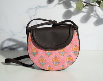 Pink Vegan leather crossbody bag/ Hand block print sling bag/ Bags with strap/ Half moon sling bag