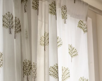 Patterned sheer curtains - Indian Block print curtains- Cotton voile curtains - Bohemian curtains- Window curtains- long door panel- Green