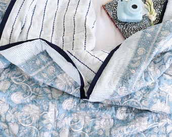 Blauer Quilt zum Verkauf - Jaipur Quilt Zwilling - Kantha Quilt blau - Blockdruck Quilt - Boho Tröster Zwilling - Boho Quilt - Twin Kantha Quilt