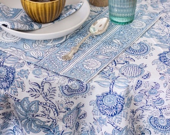 Easter tablecloth - Block print tablecloth - Blue table cover - Blue and white tablecloth - Oversized tablecloth - Holiday tablecloth