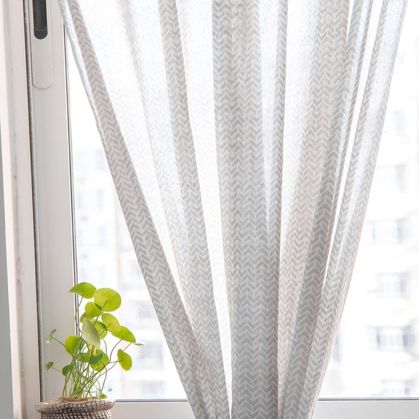 Bohemian curtains - Gray sheer curtains - Block print curtains - Geometric curtains - Farmhouse curtains- kitchen curtain- panel - Pack of 2