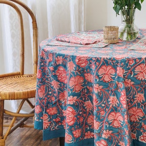 Round floral tablecloth - Blue festive Block print tablecloth - Round 72 inch tablecloth - Holiday tablecloth round - Round Tablecover