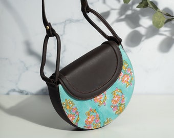 Turquoise Vegan leather crossbody bag/ Hand block print sling bag/ Bags with strap/ Half moon sling bag