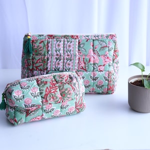 Patchwork Set of 2 makeup pouches - Block print Cosmetic bags- Green