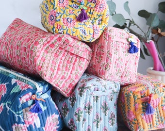 Block Print Quilted Cosmetic Pouch – Floral Cotton Toiletry Bag
