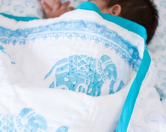 Elephant Block print baby blanket - Block print baby quilt - colchas bebe - Woodland nursery - cotton baby blanket - crib bedding - 40x40