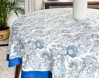 Round floral tablecloth Blue Block print - Light blue floral tablecloth - Round 72 inches tablecloth - Round tablecloth cotton -  Holiday