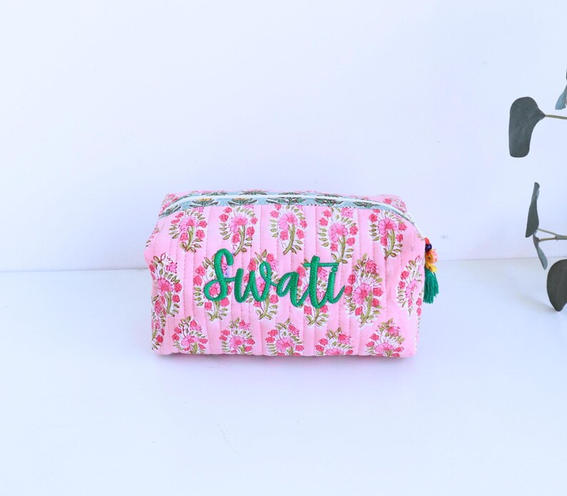 Personalized Quilted Cosmetic Bag – Block Print Toiletry Pouch image 8