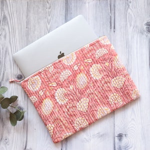 Personalized Quilted Laptop Sleeves Embroidered Block print Laptop Sleeves Bright floral laptop bags Peach