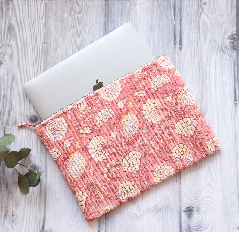 Personalized Quilted Laptop Sleeves Embroidered Block print Laptop Sleeves Bright floral laptop bags Peach