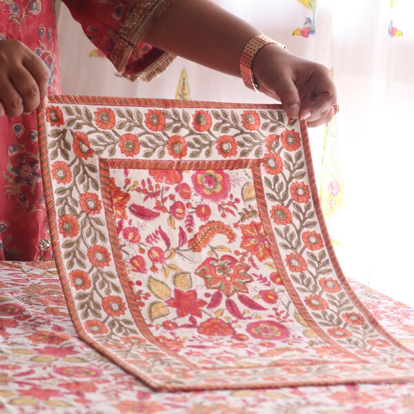 Pink and orange placemats set of 6 - Thanksgiving tablemats - Block print Placemats Set of 6 - Boho placemats set - Fall Placemats