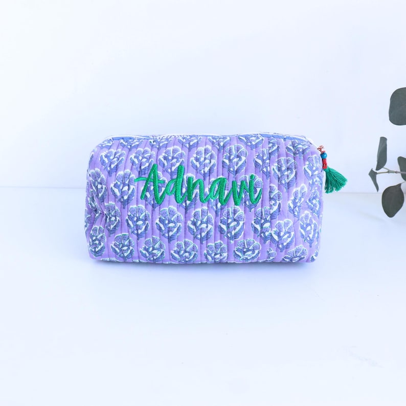 Personalized Quilted Cosmetic Bag – Block Print Toiletry Pouch image 5