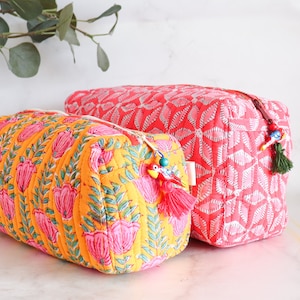 Gesteppte Kosmetiktasche - Blockprint Taschen - 2er Set Kosmetiktäschchen - 2er Set Kulturbeutel - Kulturtasche bunt - Kosmetiktaschen für Damen