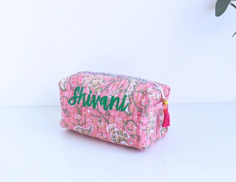 Personalized Quilted Cosmetic Bag – Block Print Toiletry Pouch image 6