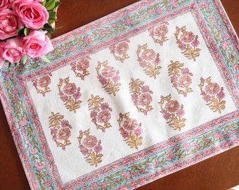 Pink Fabric placemats - Boho placemats - Cotton Canvas placemats - Block print placemats - Floral Wedding placemats - Placemats Set of 6