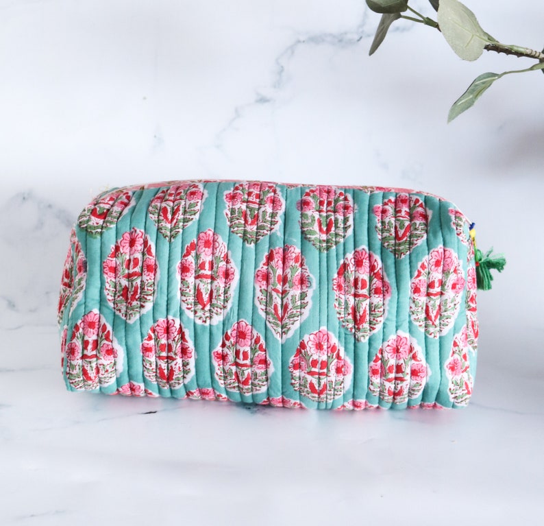 Personalized Quilted Makeup bags Bulk lot Block print cosmetic pouches Block print Make up bags Personalized toiletry bag for women image 5