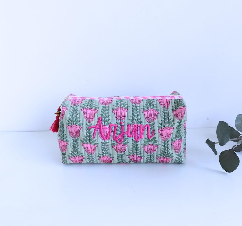 Personalized Quilted Cosmetic Bag – Block Print Toiletry Pouch image 3
