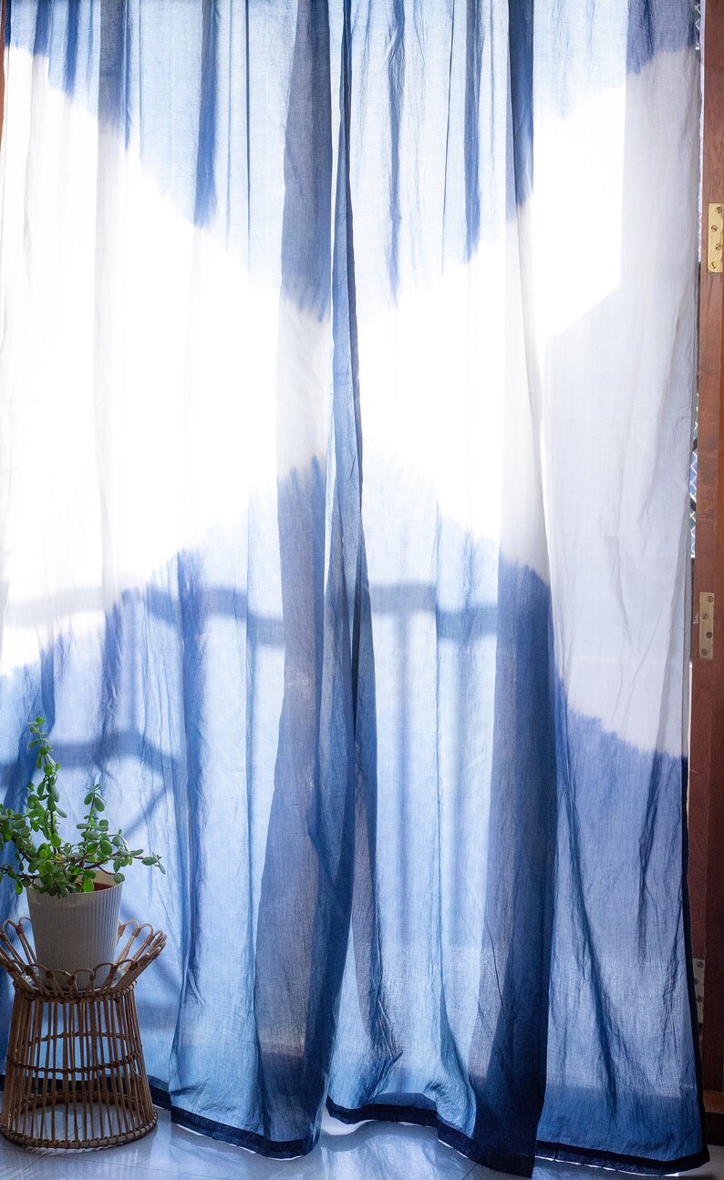 Shibori Sheer Curtains Set Of 2 Hand Dye Indigo Curtains Etsy