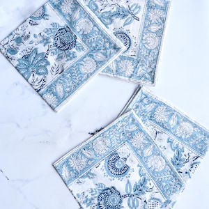 Light Blue Block Print Cloth Napkins - Set of 6, Cotton Reusable Serviettes