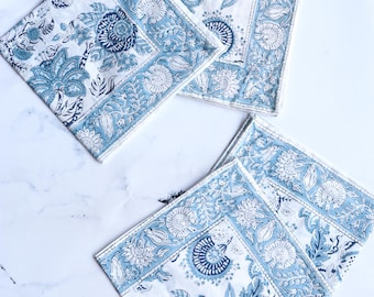 Light Blue Block Print Cloth Napkins - Set of 6, Cotton Reusable Serviettes
