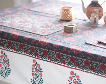 Blue Floral Block Print Cotton Tablecloth – Boho Thanksgiving Table Cover