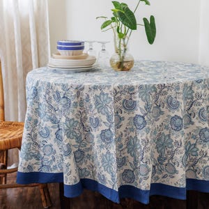 Blue Round floral tablecloth - Indian Block print - Light blue floral table cover - Round 72 inches - Cotton - Wedding table cloth