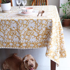 Yellow block print table cloth- Indian Block print table cover- Rectangular table cloth - Cotton tablecloth - Custom wedding table cloth