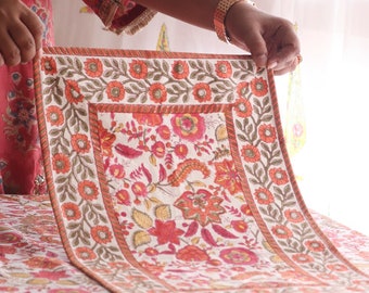 Block print placemats set of 6 - Boho placemats - Cotton Canvas placemats - Block print placemats - Floral Wedding placemats - Orange & pink