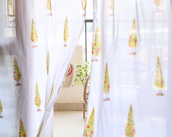 Yellow Cypress tree curtains - Block print curtains - Light sheer Indian curtains - Bohemian curtains - Window curtains - Curtains boho