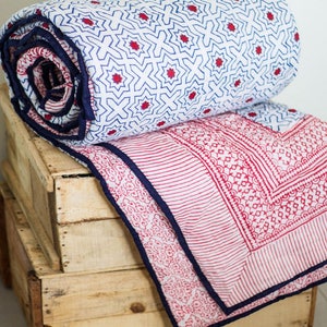 Block print quilt - Queen size - Nautical decor- Red and Navy stars quilt - Reversible cotton throw blanket - Coastal chic- Indian bedspread