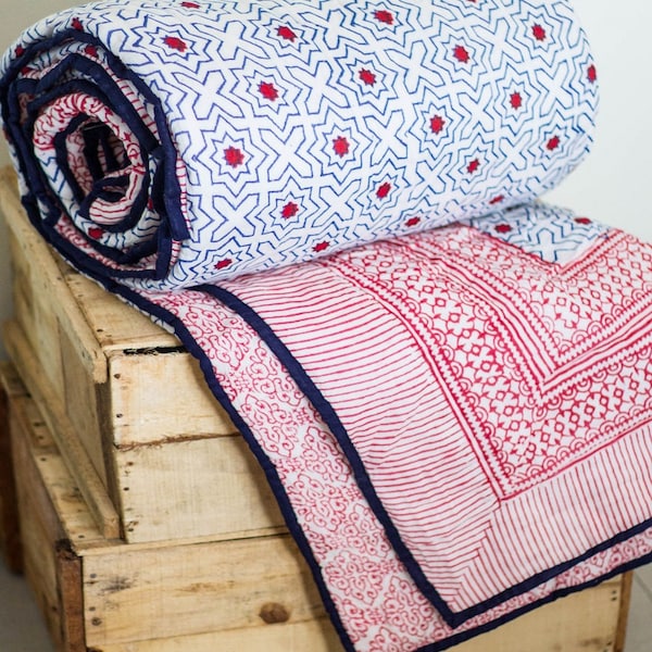 Block print quilt - Cal King size - Nautical decor- Red and Navy stars quilt - Reversible cotton throw blanket - Indian bedspread - king