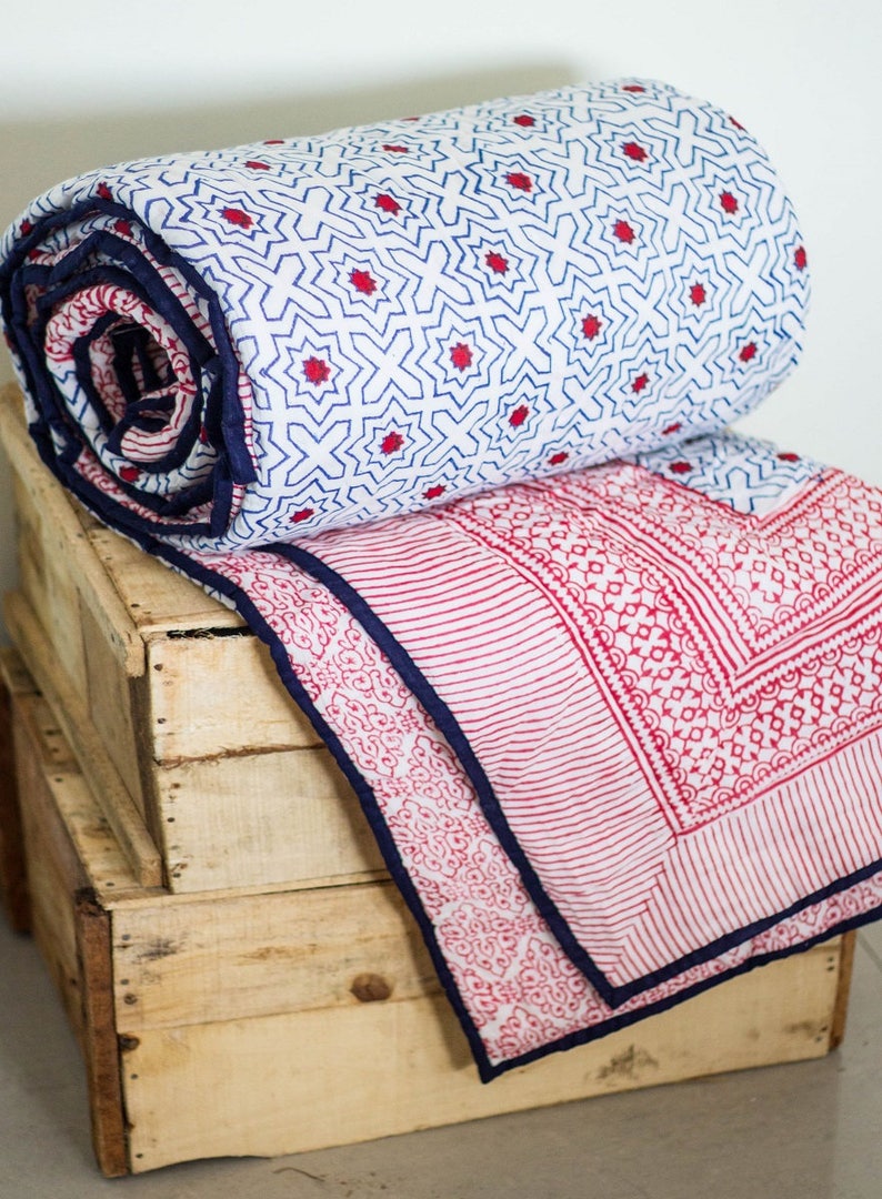 Block Print Quilt Cal King Size Nautical Decor Red and Etsy