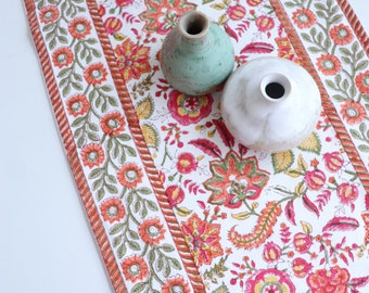 Hand block printed table runner - Orange Blossom festive table runner - Indian floral print runner - Spring table runner -  14x80 inches