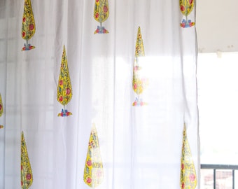 Yellow Cypress Tree Block Print Curtains - Boho Light Sheer Voile