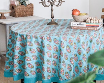Round tablecloth block print -Turquoise Block print tablecloth - Round large tablecloth - Round tablecloth cotton -  Christmas tablecloth