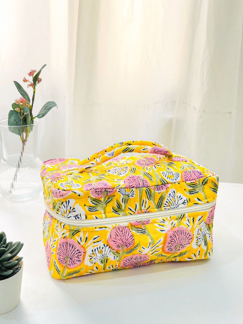 Quilted make up bag large Vanity bag for women Travel cosmetic pouch Block print make up pouch Wash bag toiletry bags image 5