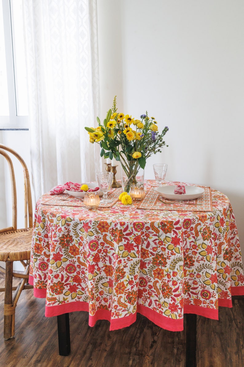 Round Floral Tablecloth Orange Festive Block Print Tablecloth Round 72