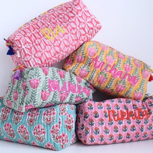 Personalized Quilted Makeup bags - Bulk lot Block print cosmetic pouches - Block print Make up bags - Personalized toiletry bag for women