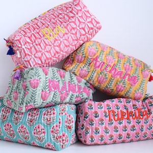 Personalized Quilted Makeup bags - Bulk lot Block print cosmetic pouches - Block print Make up bags - Personalized toiletry bag for women