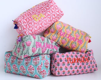 Personalized Quilted Makeup bags - Bulk lot Block print cosmetic pouches - Block print Make up bags - Personalized toiletry bag for women