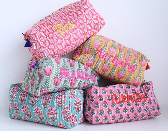 Personalized Quilted Makeup Bags Bulk Lot Block Print Cosmetic