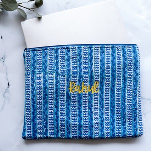 Personalized Quilted Laptop Sleeves Embroidered Block print Laptop Sleeves Bright floral laptop bags Blue vines