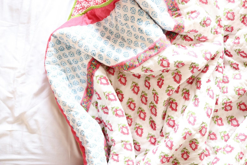 Twin Quilt Block Print Quilt Pink Quilt Boho Decor Etsy