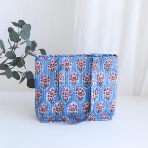 Blaue Einkaufstasche mit Reißverschluss für Frauen - Alltags-Einkaufstasche - Schultertasche mit Blockprint - Boho Sommer Tasche - Blockprint Gesteppte Tasche - Blauer Sommer