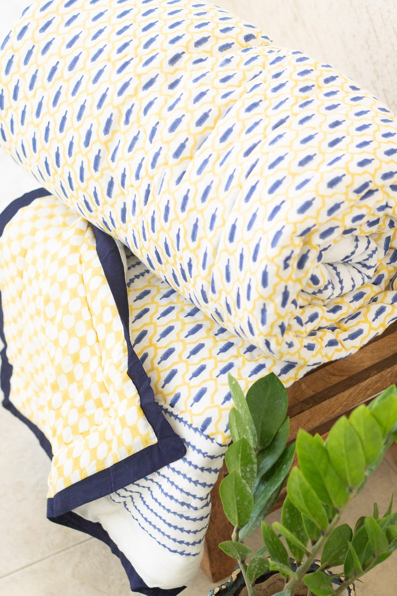 Boho comforter Queen quilt for sale Kantha quilt queen Jaipur quilt comforter set queen quilted bedspread yellow comforter image 5