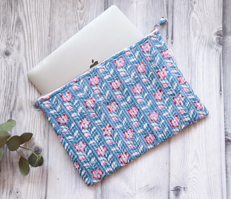 Personalized Quilted Laptop Sleeves Embroidered Block print Laptop Sleeves Bright floral laptop bags Blue Tulips