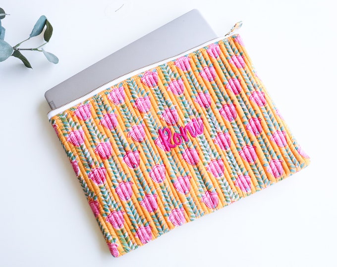 Personalized Quilted Laptop Sleeve – Hand Block Print Floral Design