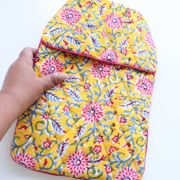 Hot water bottle cover in floral block print - Quilted hot water bottle cover handmade - Yellow trellis block print fabric